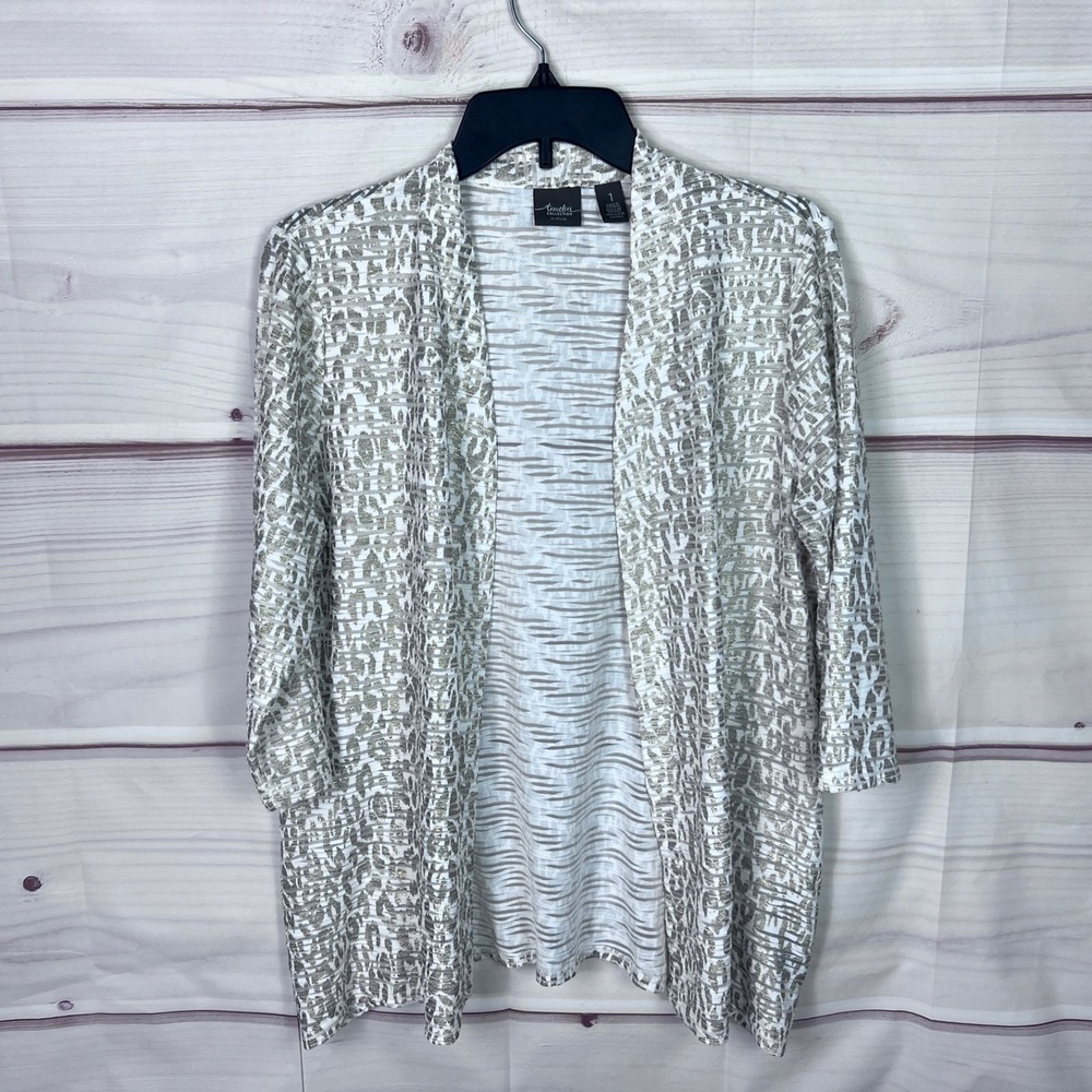 Chicos Travelers Jacket Womens 1 M Gold Leopard Print 3/4 Sleeve Open Front Knit
